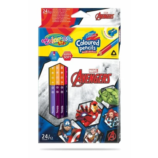 Двувърхи цветни моливи 12/24 цвята и острилка The Avengers Disney Colorino